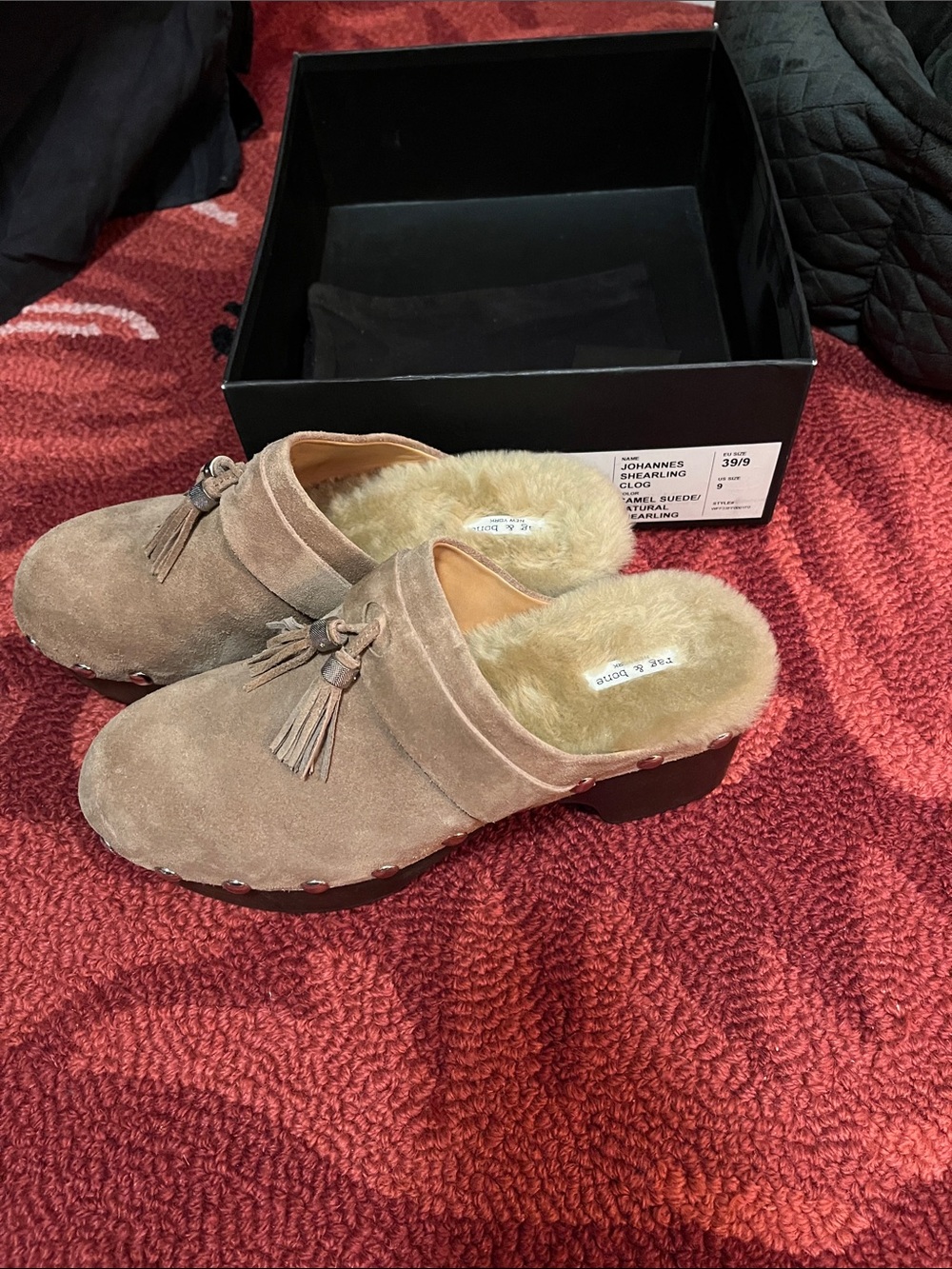 rag & bone Taupe Suede Shearling Tassel Clogs
